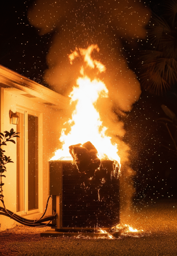 Exploding air conditioner unit at night, signaling emergency air conditioner repair