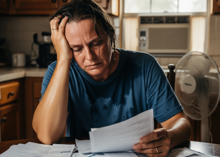 Frustrated Florida homeowner reviews AC financing options in a hot kitchen.